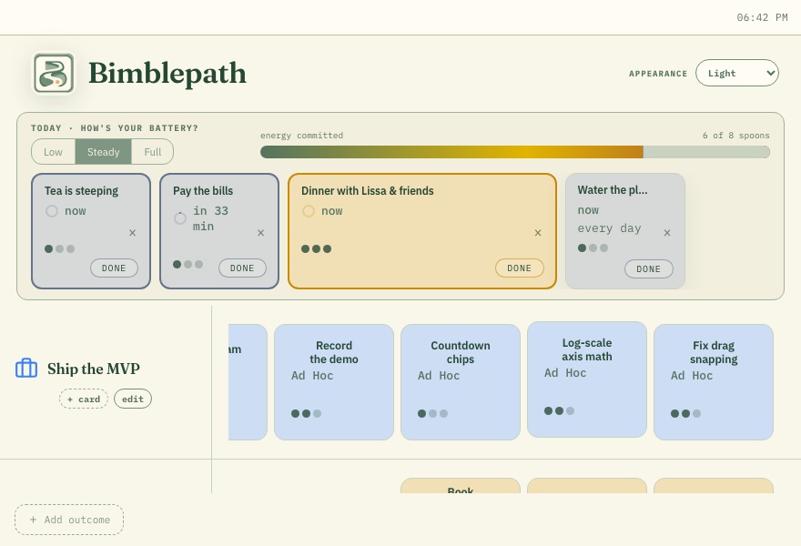 Bimblepath showing today’s energy capacity, approaching commitments, and ordered outcome lanes